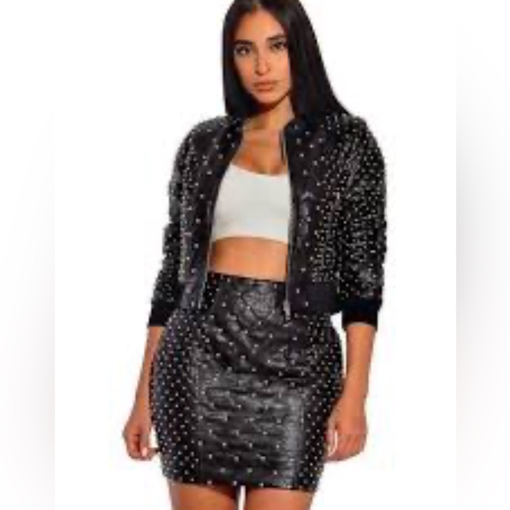 Black vegan leather studded Bomber Jacket…. size Medium